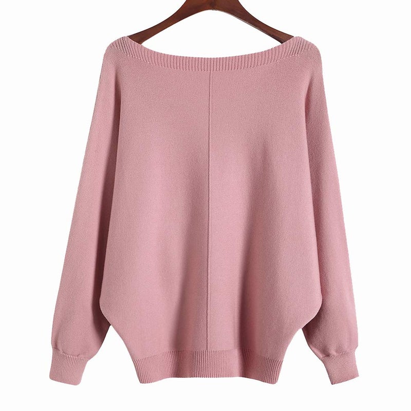 Ckikiou Womens Lightweight Oversized Boat Neck Sweaters Tops Dolman Batwing Sleeve Ribbed Knitted Pullovers Pink - Image 2